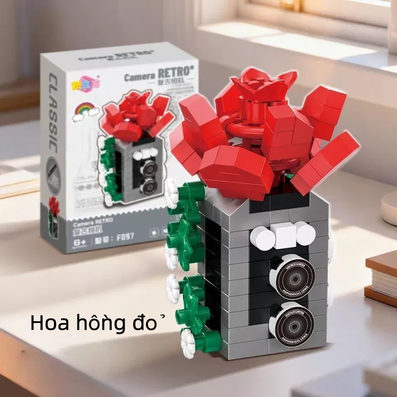 Mô Hình Máy Ảnh Retro Gạch Mini - Kèm Hoa Bảo Quản, Đồ Chơi Lắp Ráp Thông Minh
