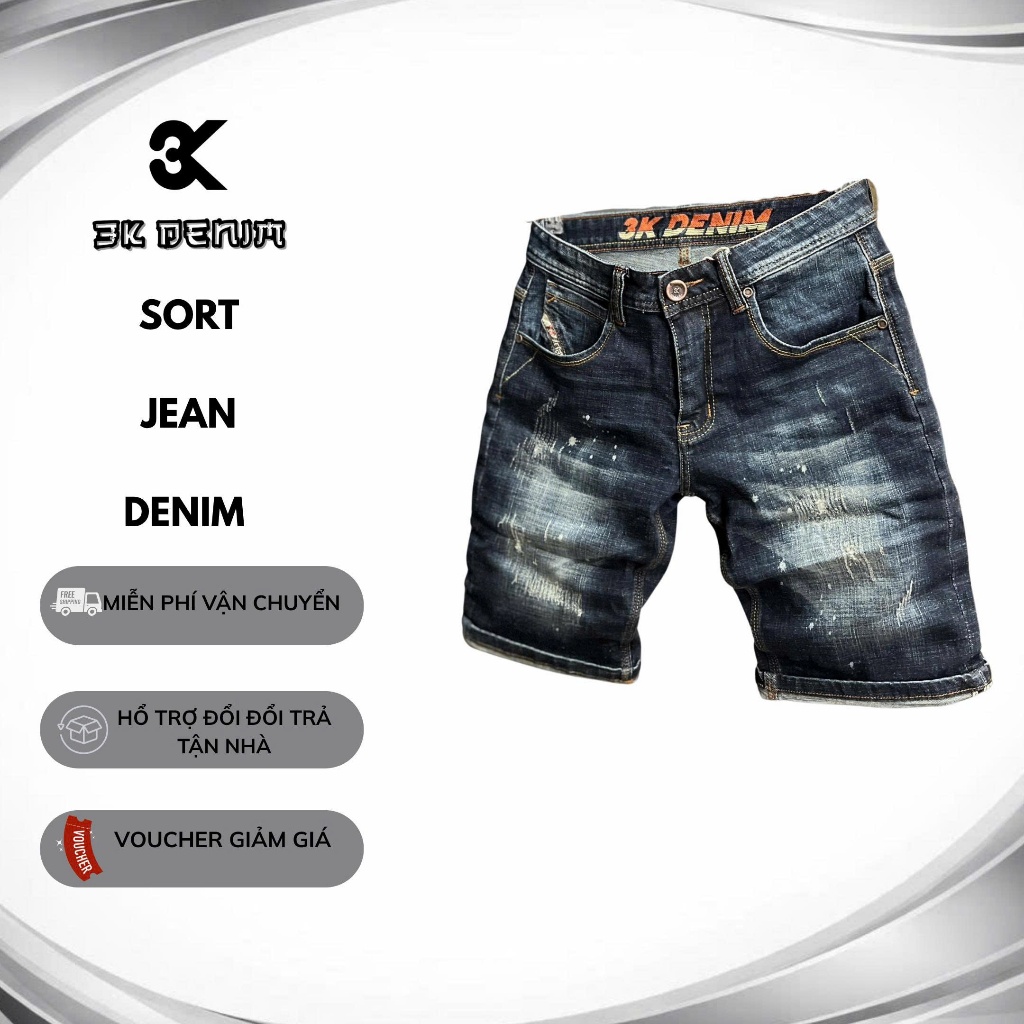[3K DENIM] Quần Short Jean Nam Denim Guangzhou Màu Xanh Was Cào Nhẹ Phun Sơn Chất Denim S1-QS2105