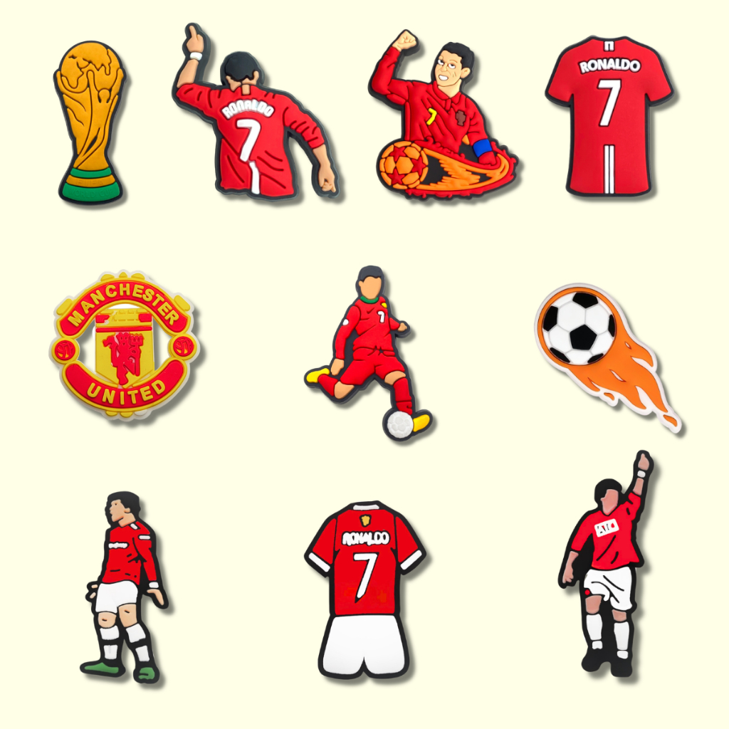 Set charm cầu thủ RONALDO gắn dép cross, Nút gắn sticker bóng đá CR7 dép cross trang trí cham 2D nhự