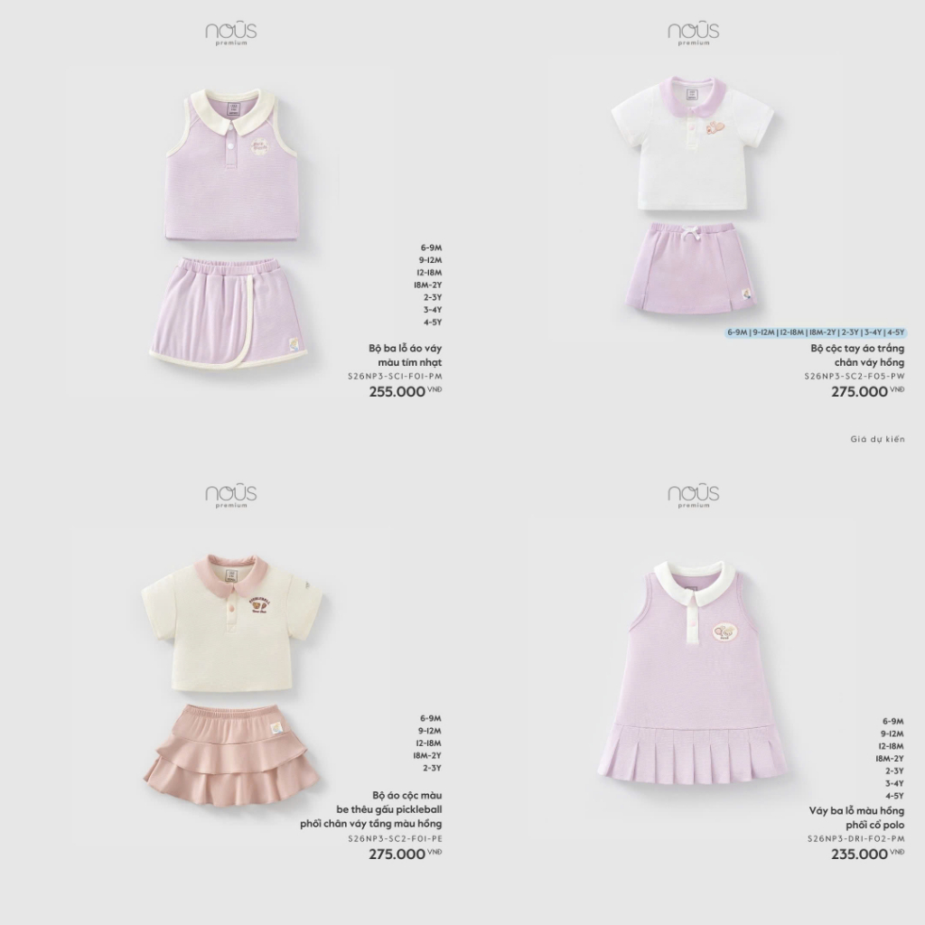 Váy Pickleball Nous, Bộ váy rời Nous chính hãng cho bé gái xinh xắn