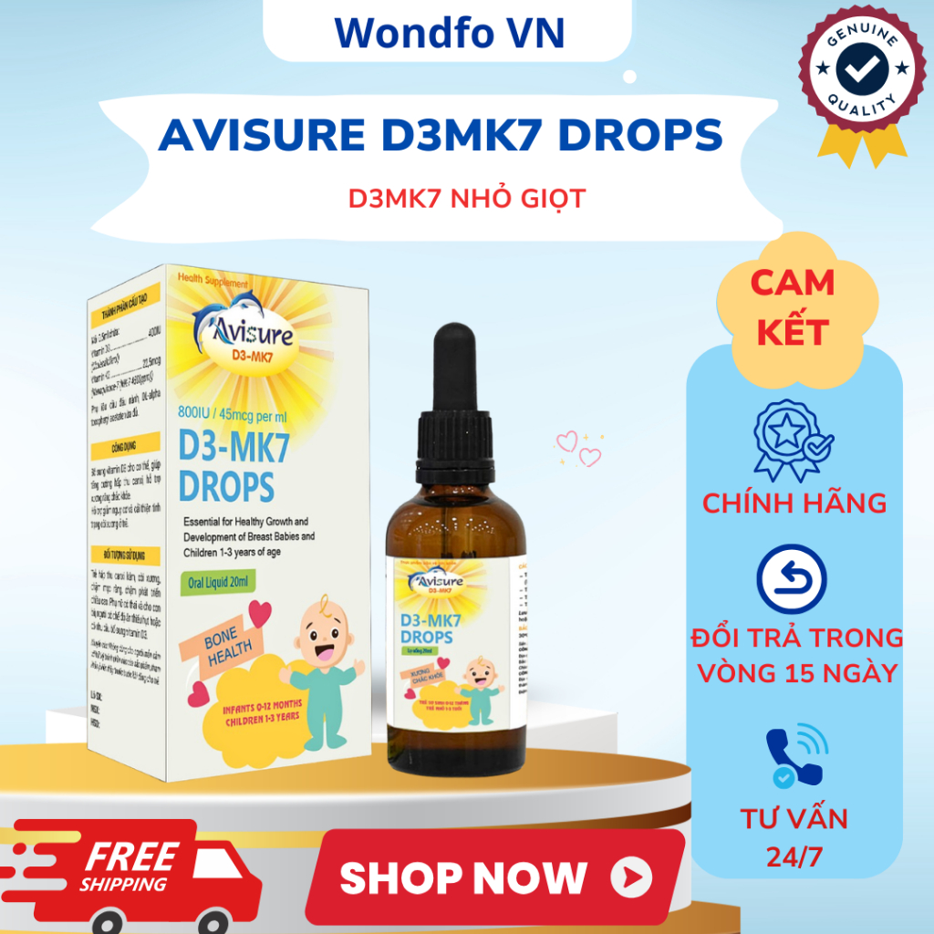 Avisure D3MK7 – Vitamin D3 & K2 MK7 Cho Trẻ, Hỗ Trợ Hấp Thu Canxi, Phát Triển Chiều Cao Lọ 20ml