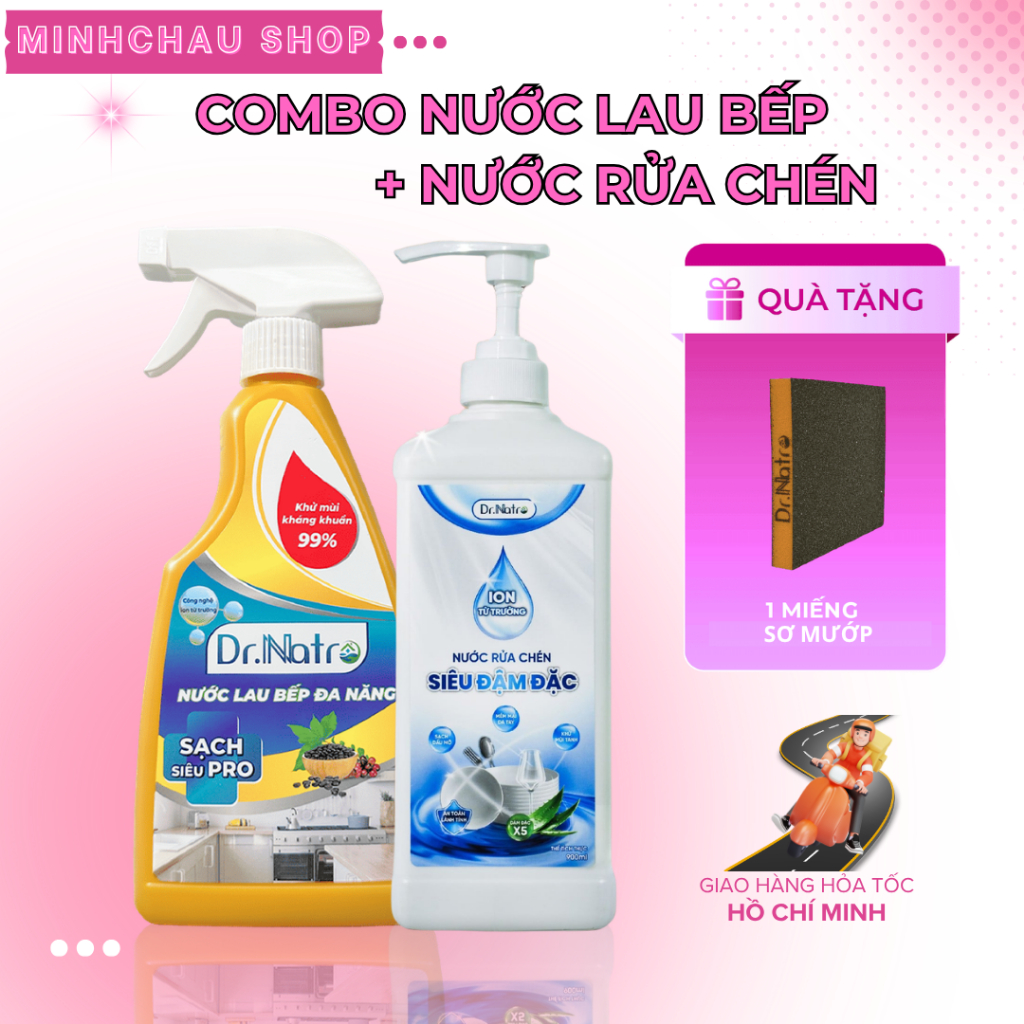 COMBO Nước Lau Bếp Dr.Natro & Nước Rửa Chén Siêu Đậm Đặc Dr.Natro + tặng 1 miếng sơ mướp