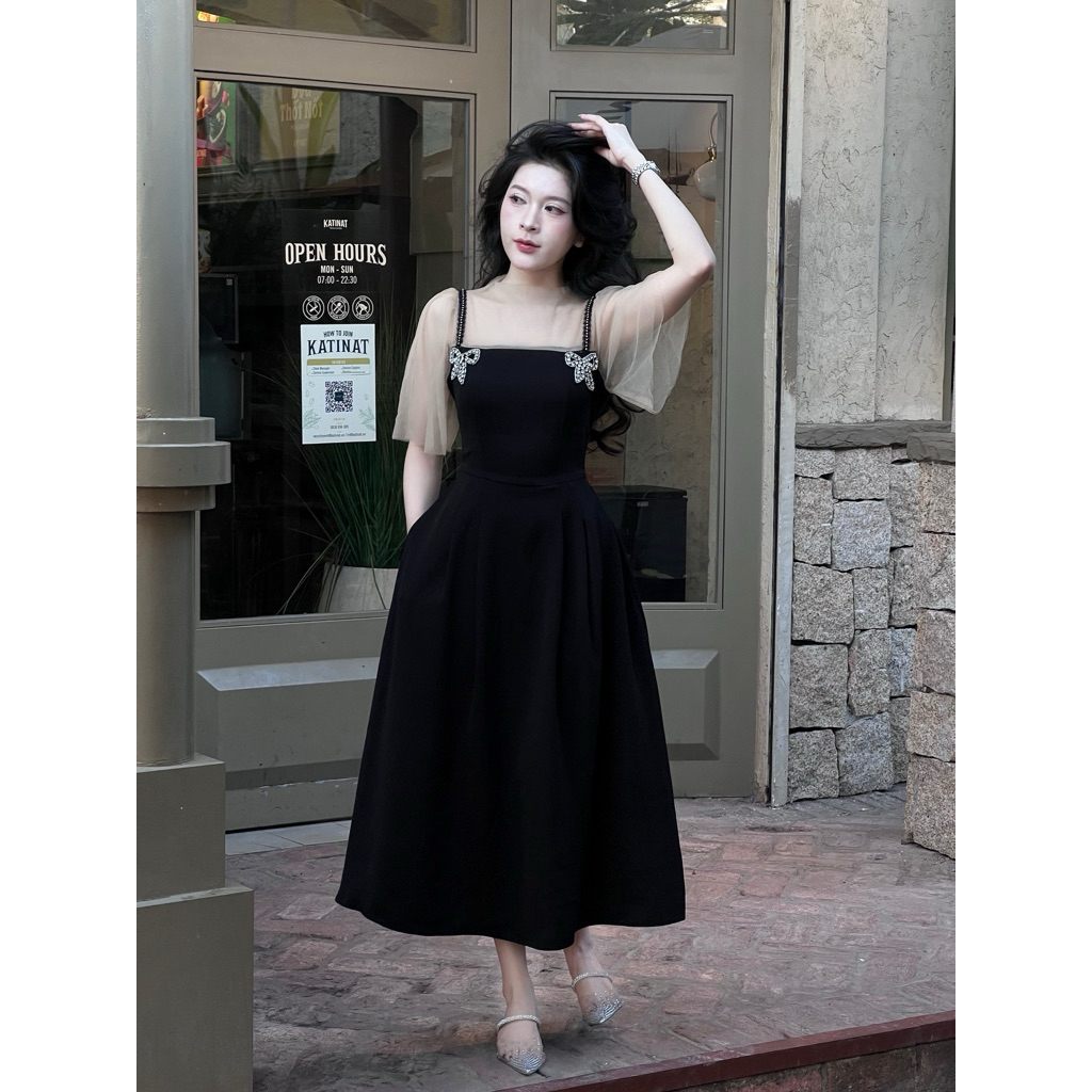 Hạnh sino.97 Váy thiết kế phối lưới nude mới dáng A có túi