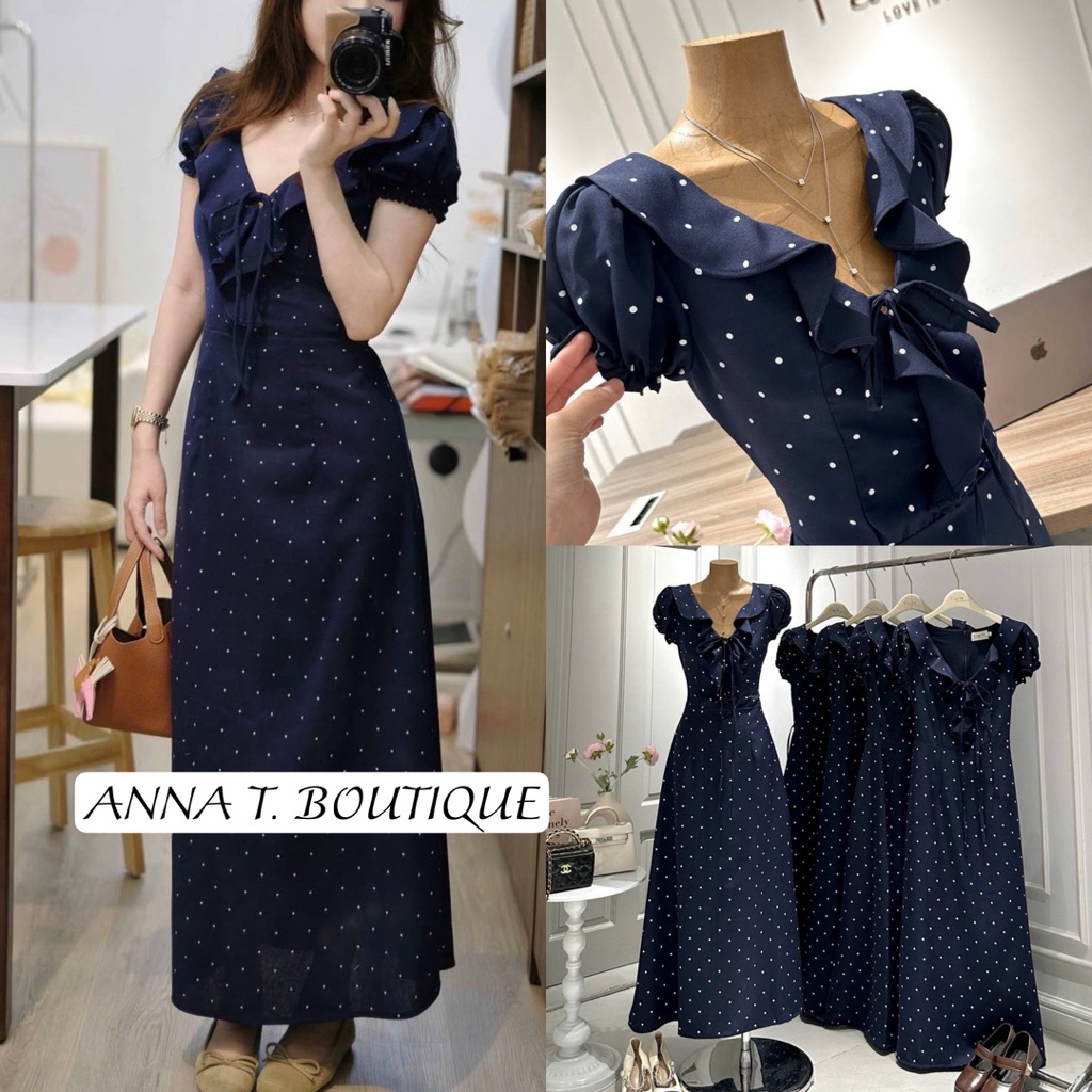 ANNA T. BOUTIQUE - Đầm midi xanh chấm bi cổ bèo