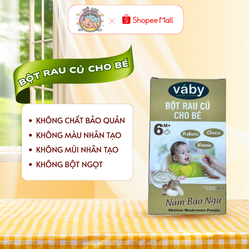 Bột Rau Củ Vaby vegetable for baby Vị NẤM BÀO NGƯ 9 Nghĩa Cho Bé Ăn Dặm Từ 6 Tháng (Hộp 6 gói x 8gr)