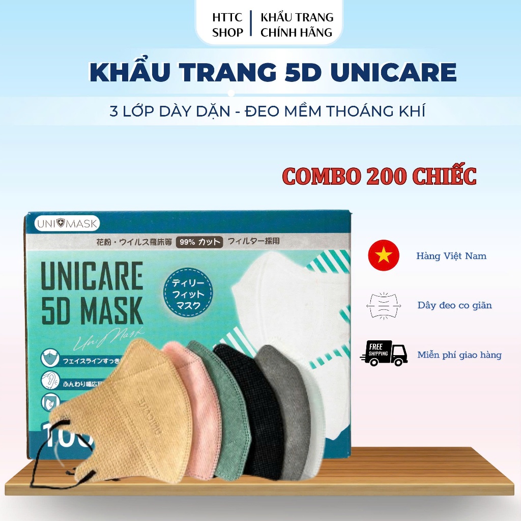 Thùng 200 chiếc Khẩu trang 5D UNICARE, Khẩu Trang 3 Lớp Kháng Khuẩn, Kháng Bụi, Không Thấm Nước