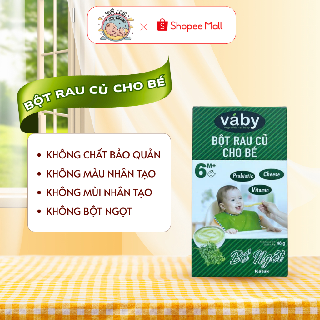 Bột Rau Củ Vaby vegetable for baby Vị BỒ NGÓT 9 Nghĩa, Cho Bé Ăn Dặm Từ 6 Tháng (Hộp 6 gói x 8gr)