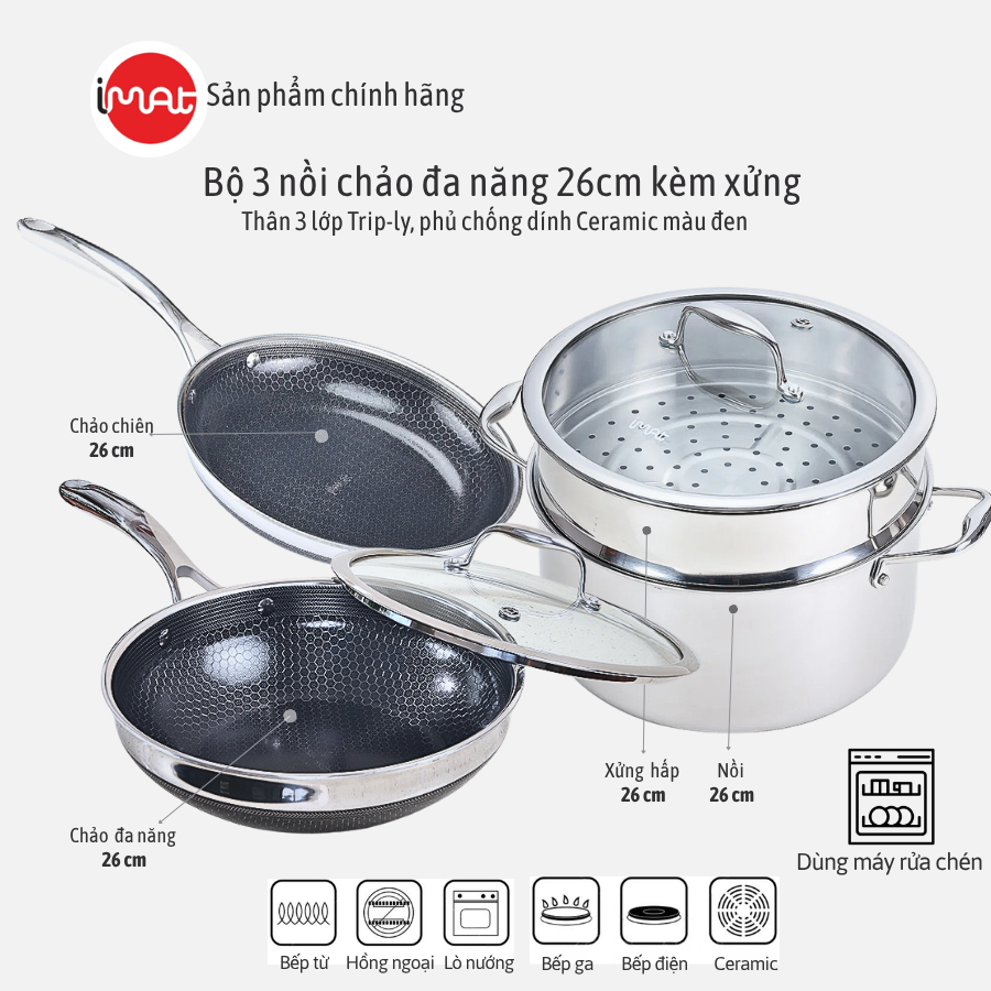 Combo Imat Hybrid 26Cm. Bao Gồm Nồi, Chảo Đa Năng, Chảo Chiên, Xửng Cùng Cỡ 26Cm