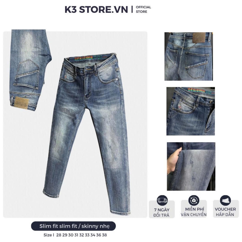 [K3 STORE VN]Quần Jean Guangzhou Nam Dài J4002-3K1936  Màu Xanh Was Viền Túi Sau Chất Denim Mẫu Mới