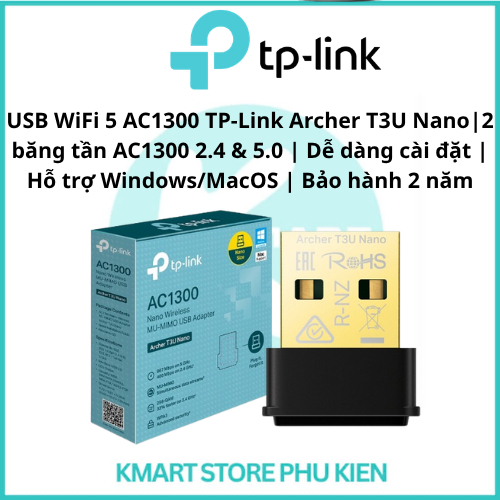USB WiFi 5 AC1300 TP-Link Archer T3U Nano|2 băng tần AC1300 2.4 & 5.0 | Dễ dàng cài đặt | Hỗ trợ Win