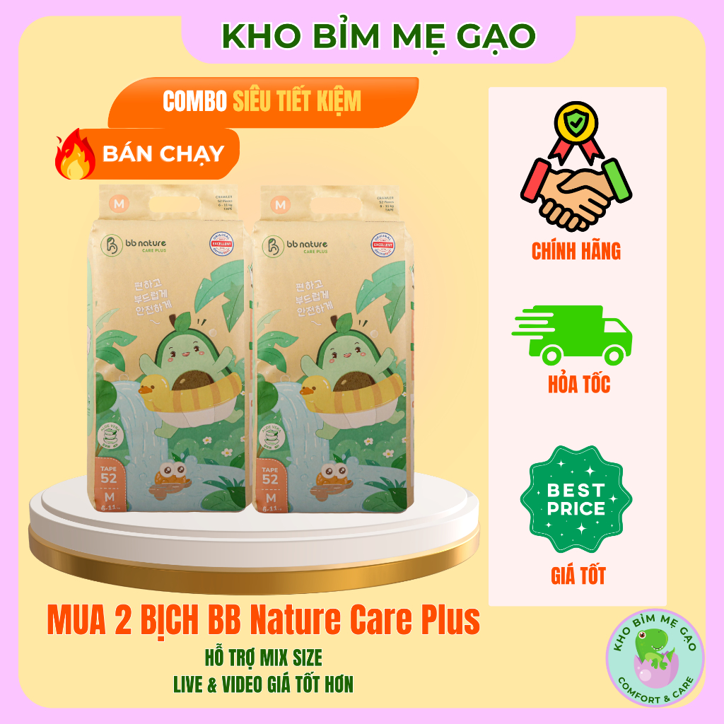 [COMBO 2 BỊCH - SÀN TRỢ GIÁ]Tã/Bỉm BB NATURE CARE PLUS Công Nghệ Hàn Quốc, Đủ Size NB >> 4XL, 2 bịch