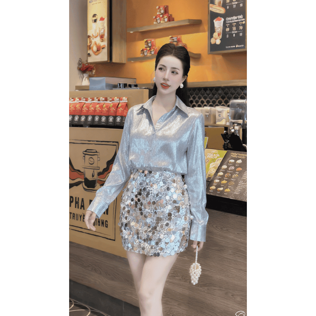 Áo Sơ Mi Dài Tay Nhũ Bạc Cao Cáp Queen Shop SM239