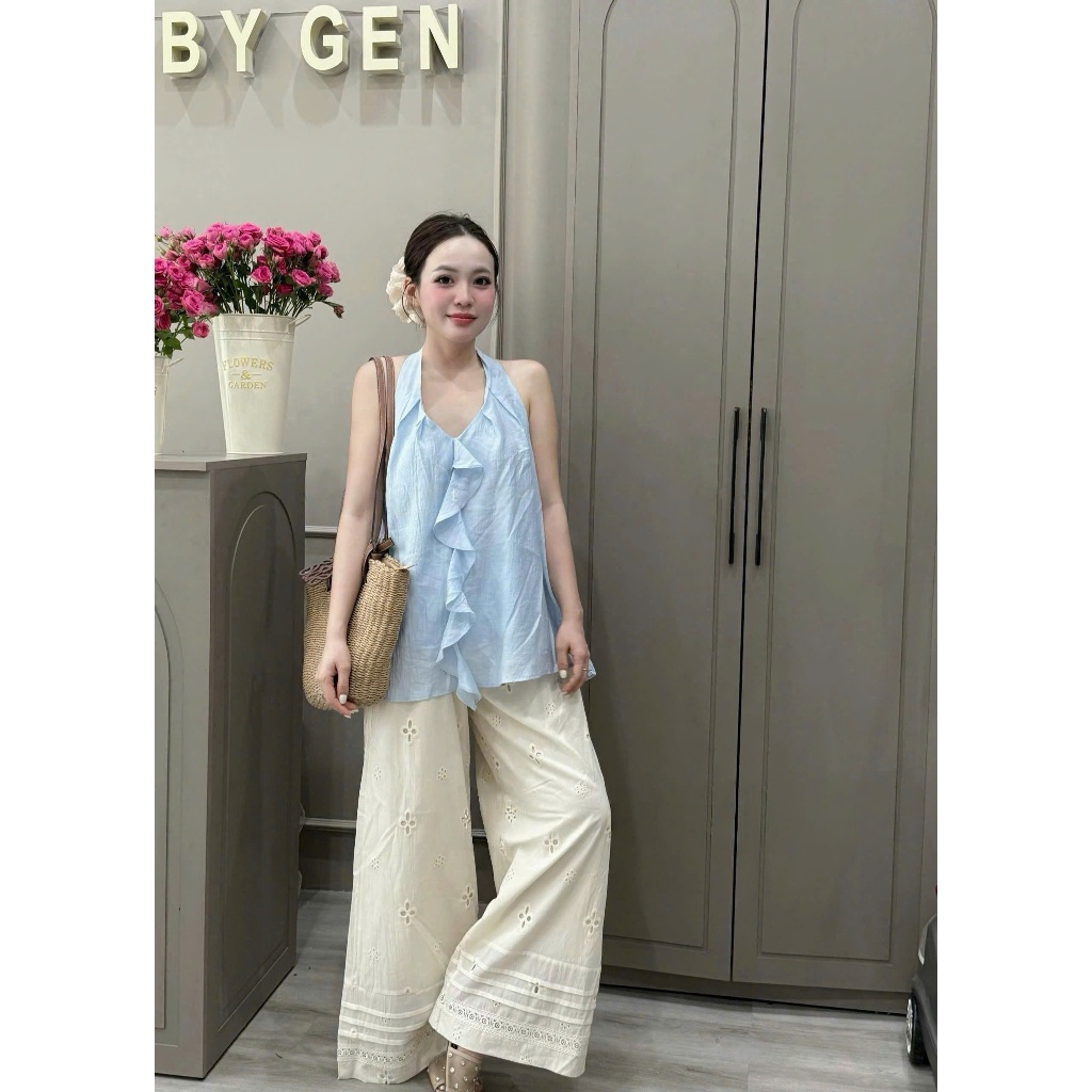 Set Áo Yếm Nữ Bèo Nhún + Quần Ống Rộng Thêu Ren, Set Đồ Nữ Vintage Thanh Lịch -LIING LIING