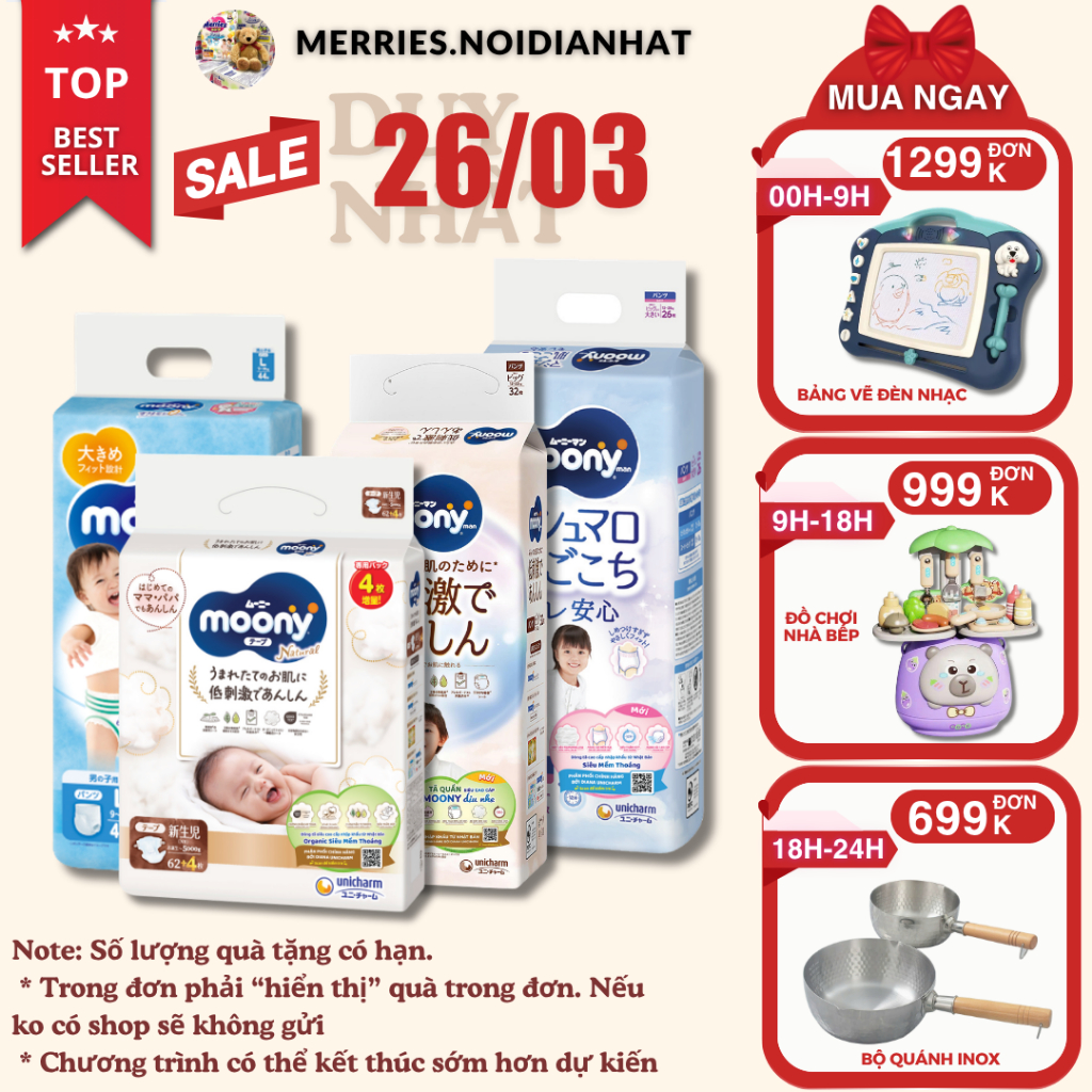 [SP có voucher live X]Tã Bỉm MOONY NATURAL dán/quần NB62/S58/M46/L38/L36/XL32