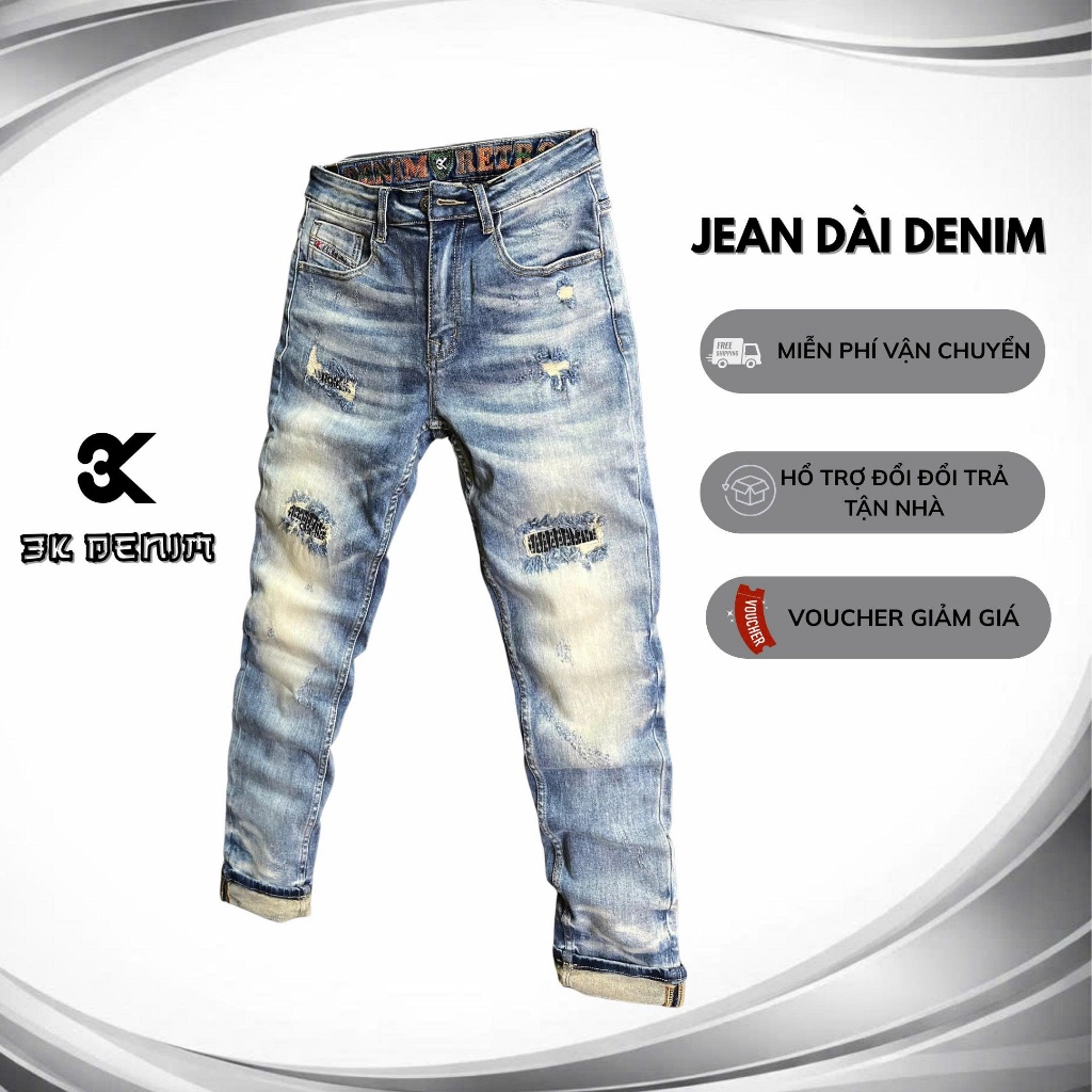 [3K DENIM] Quần Jean Denim Guangzhou J4017-3K1948 Màu Xanh Bạc Was Rách Lưng Thêu Mẫu Mới