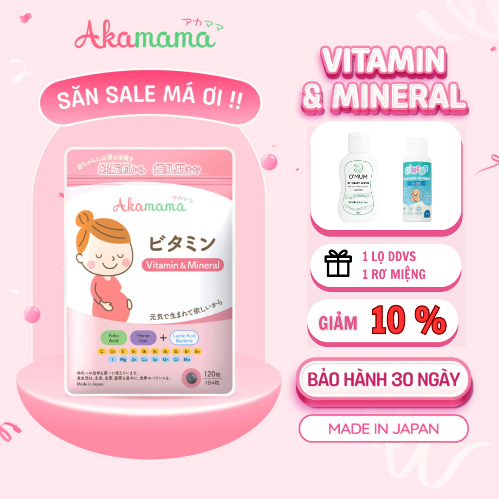 SẮT & VITAMIN tổng hợp cho bà bầu Akamama - Nhật Bản, hỗ trợ tiêu hoá - 120 viên