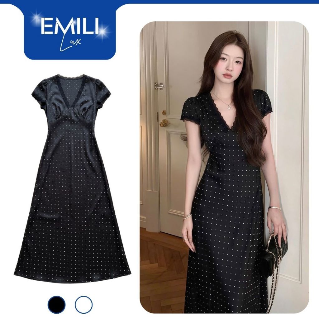 Đầm lụa chấm bi dáng dài cổ V phối ren Emili Lux tôn dáng nữ tính thanh lịch đi chơi đi tiệc V568