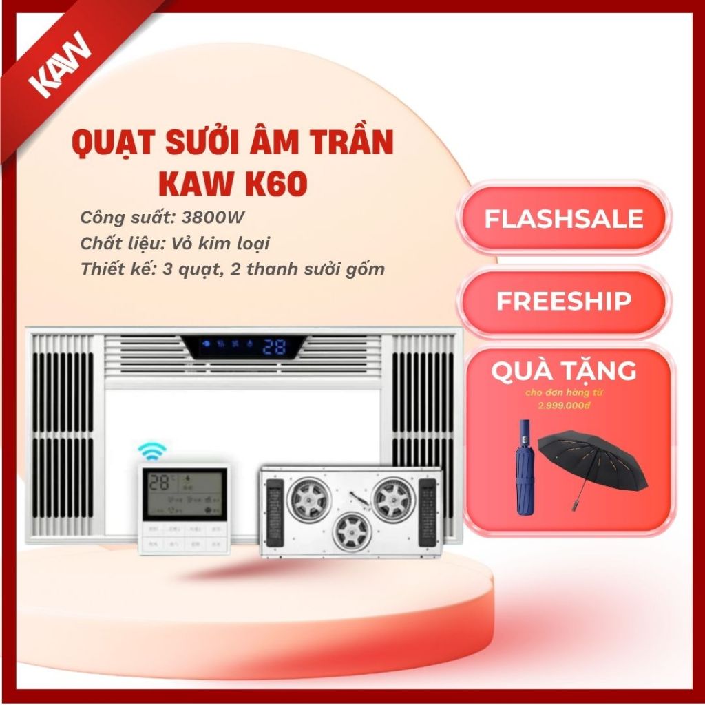 Quạt Sưởi Âm Trần KAW Công Suất 3800w, Đèn Sưởi Nhà Tắm 4 Chức Năng Sưởi Ấm Kép - Bảo Hành 1 Năm