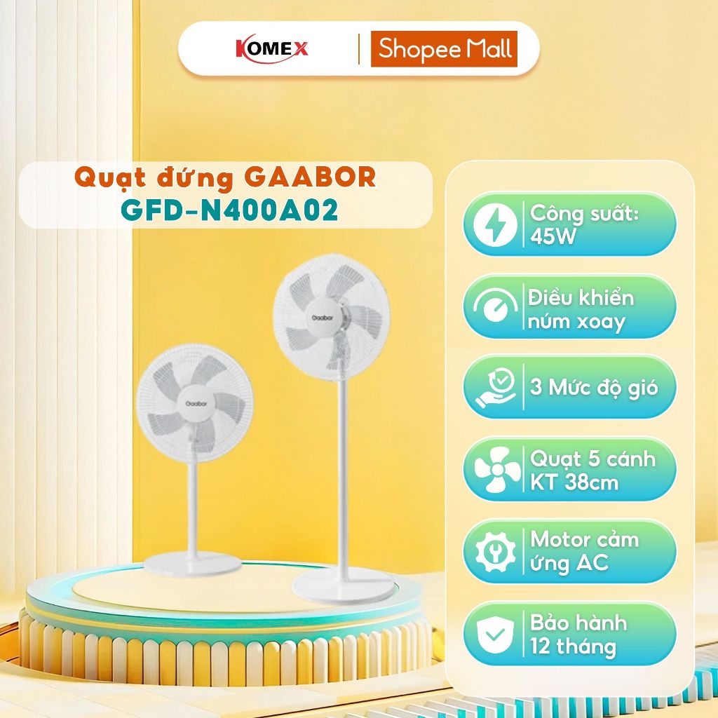 Quạt cây đứng FM430M-WH05A / GFD-N400A02 Gaabor  xoay tự động tuần hoàn có 3 chế độ gió tùy chỉnh, d