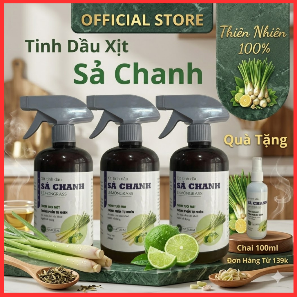 Chai Xịt Khử Mùi Phòng Máy Lạnh- Tinh Dầu Sả Chanh Nguyên Chất Thơm Phòng Đuổi Muỗi- TINHDAUSACHANH 100/500ml,