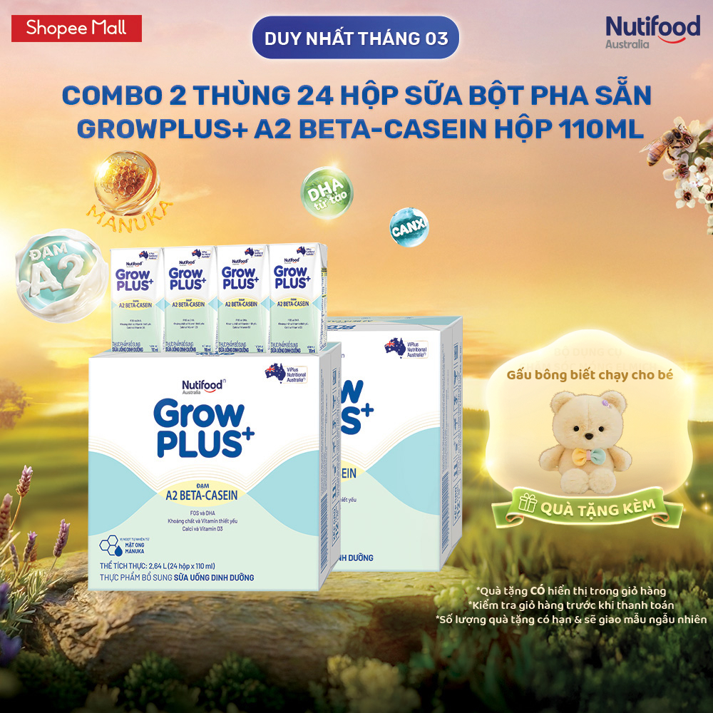 Combo 2 x Thùng 24 hộp Sữa bột pha sẵn GrowPLUS+ A2 beta-casein Hộp 110ml