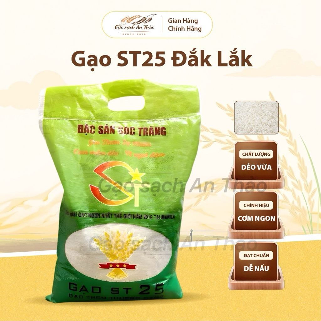 (5kg) Gạo ST25 Đắk Lắk - thơm, dẻo vừa, đặc sản Tây Nguyên, hạt dài trắng đẹp