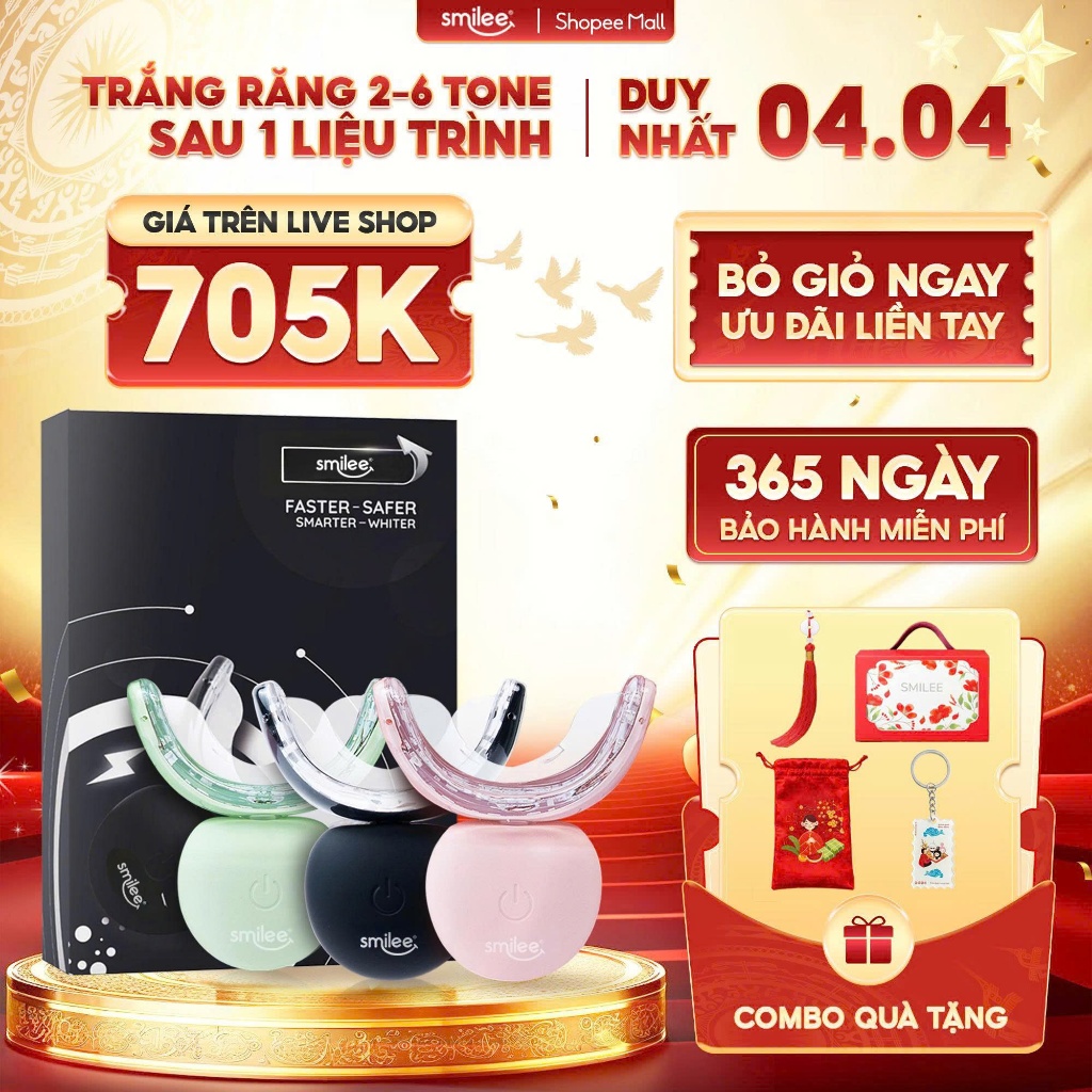 [GIÁ 778K TẠI LIVE SHOP] Trắng răng Smilee Extra, bộ kit làm trắng răng từ 2-6 tone tại nhà, bộ quà 