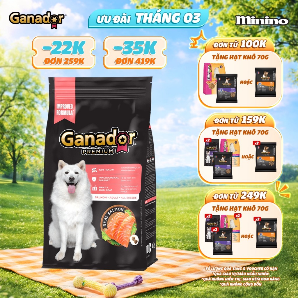 Thức ăn hạt Ganador Premium cho chó vị Cá hồi & Gạo 3 kg (bao bì mới)