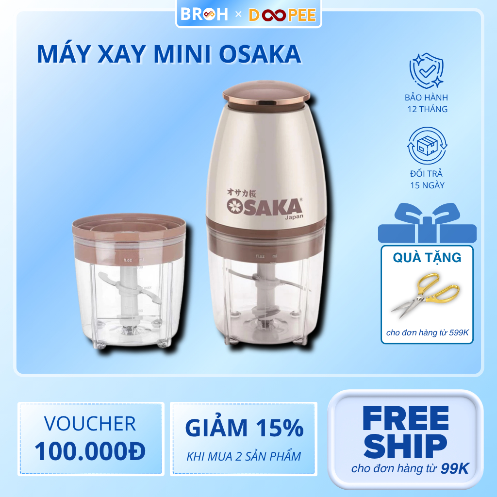 Máy Xay Đa Năng Osaka Nắp Đồng, Công Suất 350W, Máy Xay Sinh Tố Cầm Tay, Máy Xay Thịt Mini, Đa Năng