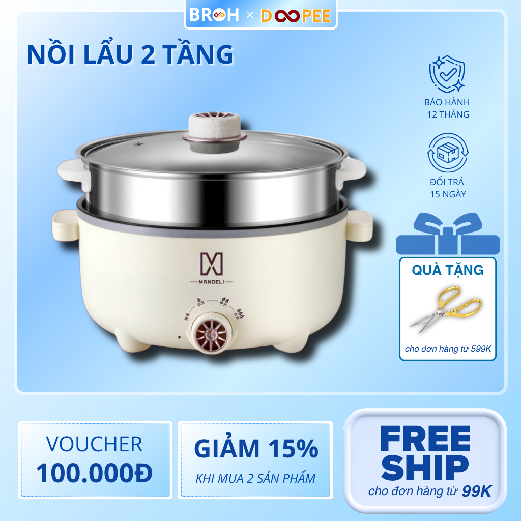 Nồi Lẩu Điện Đa Năng MANDELI 2 Tầng Size 28cm - 3.5L, Công suất 1000W, Chống Dính Vân Đá Cao Cấp
