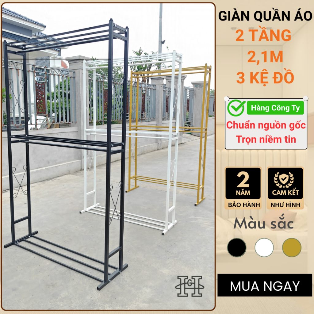 [Siêu Tải] Giàn treo quần áo 2 tầng cao 2,1M. 3 kệ để đồ. Thép chịu lực, sơn tĩnh điện 3 màu,đủ size