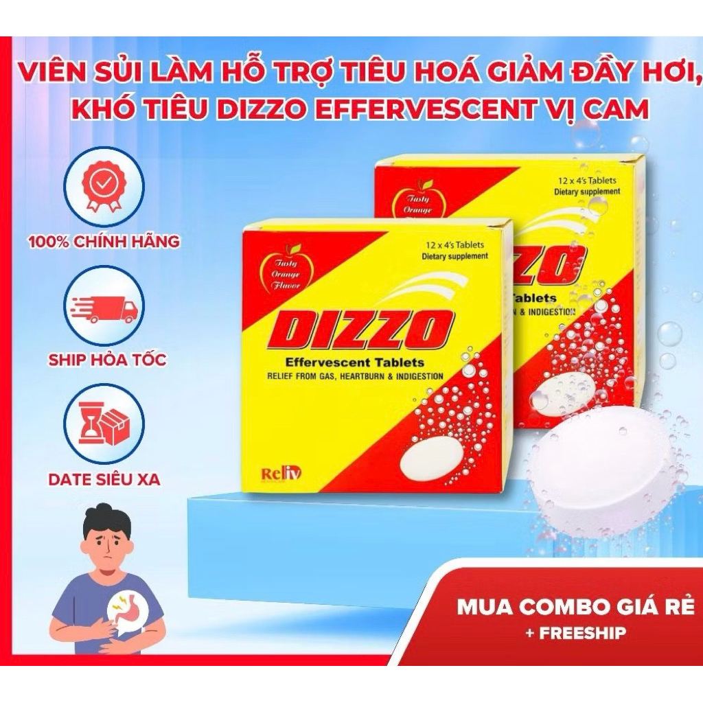HỘP 48 Viên Sủi Làm Hỗ trợ tiêu hoá Giảm đầy hơi, khó tiêu DIZZO, Dạ Dày Effervescent Vị Cam