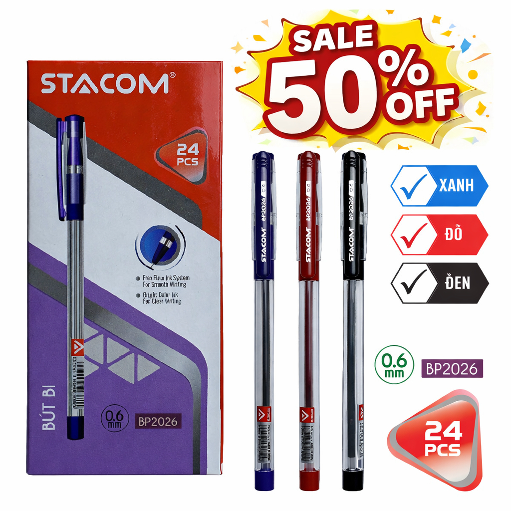 [ĐỒNG GIÁ 1K] Combo 10/20/50 bút bi mực semi gel siêu mượt, thân trong thiết kế nắp đậy 0.6mm | Stac