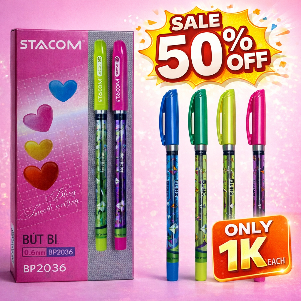 [ĐỒNG GIÁ 1K] Combo 10/20/50 bút bi thân hoa Stacom nhiều màu nắp đậy 0.6mm mực xanh | Stacom BP2036
