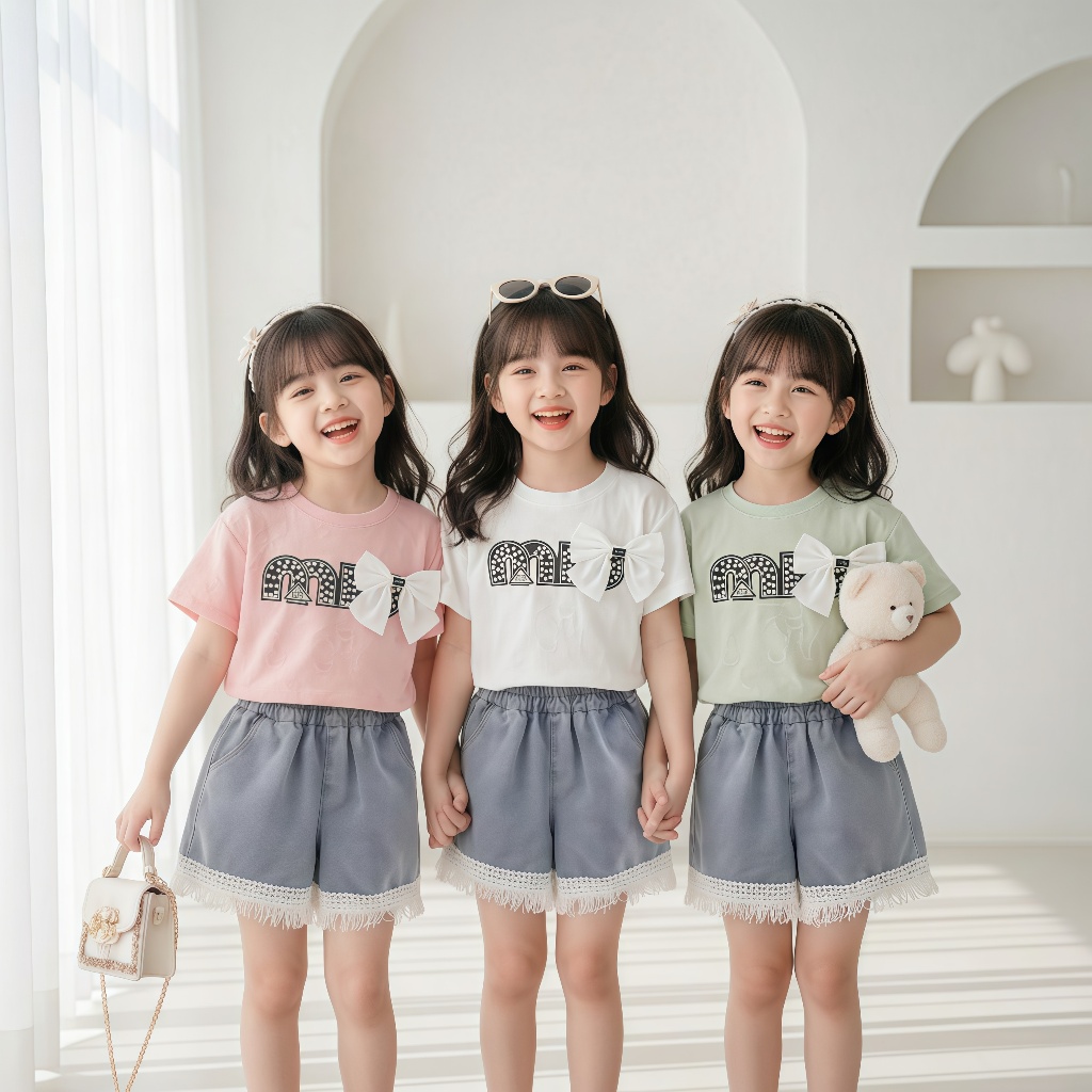 Set bộ bé gái áo thun chữ + quần short xám dễ thương HT Store Kids