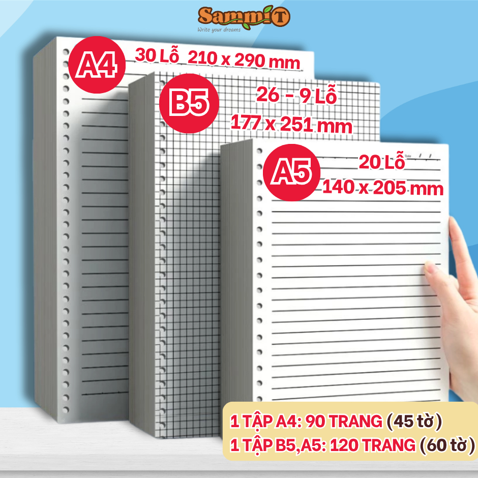 Giấy Refill Sổ Còng SammiT khổ A4/B5/A5, Giấy Kẻ Ngang, Kẻ Caro Vuông Ruột Sổ Còng Học Sinh, Sinh Vi