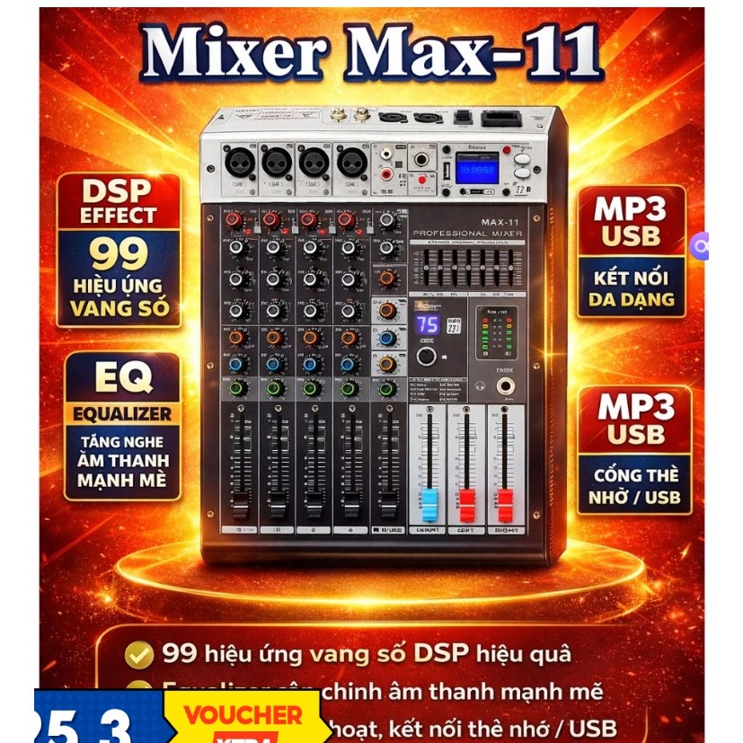 Mixer Karaoke MAX-11, Karaoke, Thu Âm. Bluetooth 5.0, Livestream & Karaoke Gia Đình, Loa Kéo.