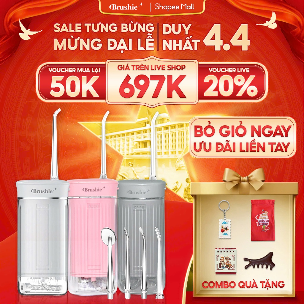 [GIÁ 687K TẠI LIVE SHOP] Tăm nước cầm tay Brushie Super Sonic, Flossie tăm nước du lịch phiên bản mớ