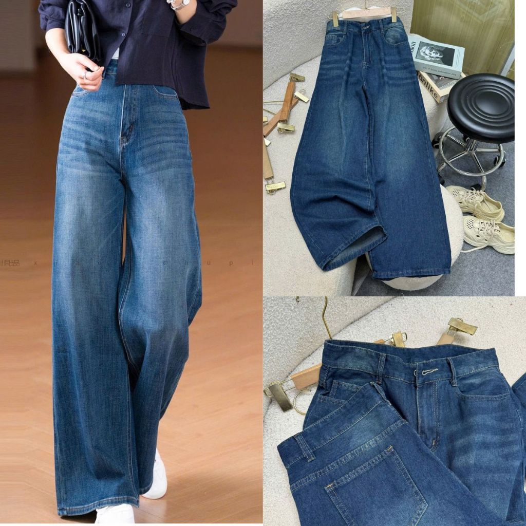 Quần jean xanh bigize nữ cạp cao ống rộng tôn dáng dê phối đồ cho nàng chuppy thoải mái -Q575