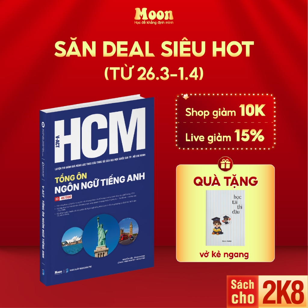 Sách V-ACT luyện thi Đánh giá năng lực Đại học Quốc gia Thành phố HCM – Tổng ôn phần ngôn ngữ Tiếng Anh - MoonBook