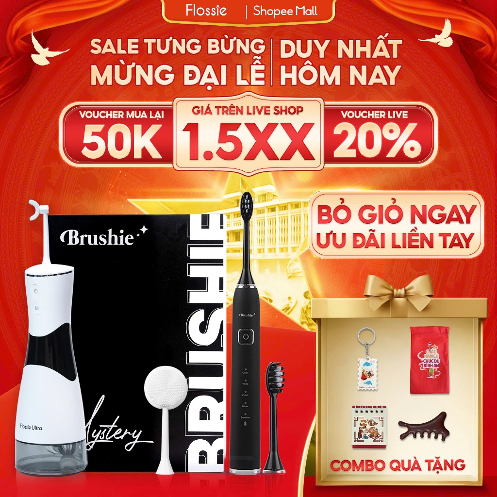 Combo Bàn chải điện Brushie Ultra Plus và tăm nước 2 chiều Flossie Ultra chăm sóc răng miệng - Hàng 