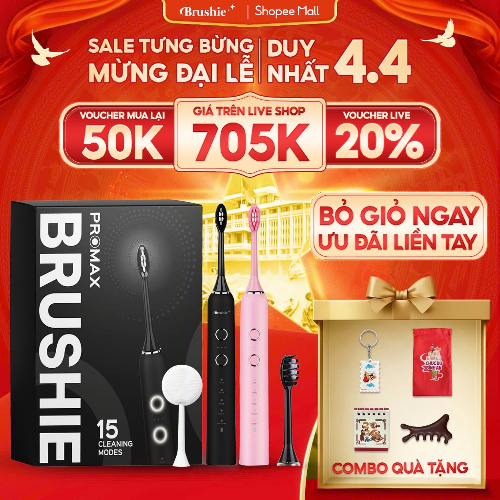 [GIÁ 745K LIVE SHOP] Bàn Chải Điện Brushie Promax 15 Chế Độ Làm Sạch phù hợp cả cho răng nướu nhạy c