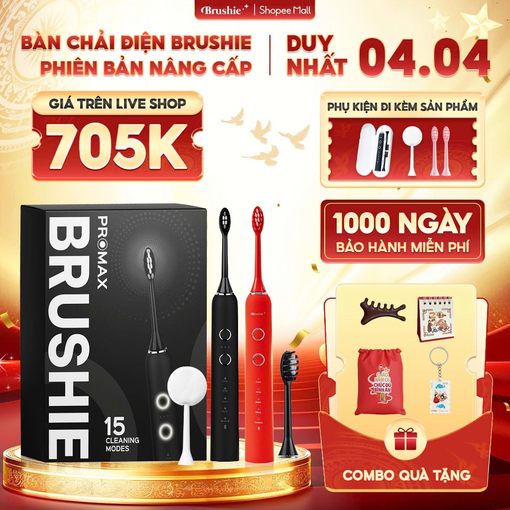 [SĂN 745K LIVE SHOP] Bàn Chải Điện Brushie Promax 15 Chế Độ Làm Sạch, Set Quà Tặng Cho Nữ, Quà Sinh Nhật Người Yêu LIS