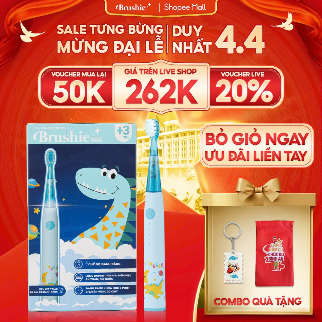 [GIÁ 317K TẠI LIVE SHOP] Bàn chải điện cho bé Brushie Kids 3 chế độ làm sạch, lông mềm cho răng nhạy