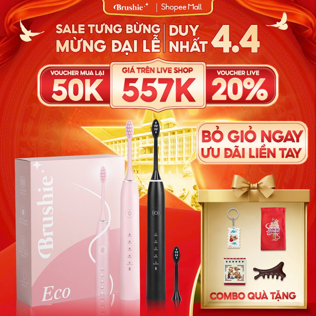 [GIÁ 586K TẠI LIVE SHOP] Bàn Chải Điện Brushie Eco chính hãng 2024, 5 chế độ làm sạch phù hợp cho người niềng răng, LIS