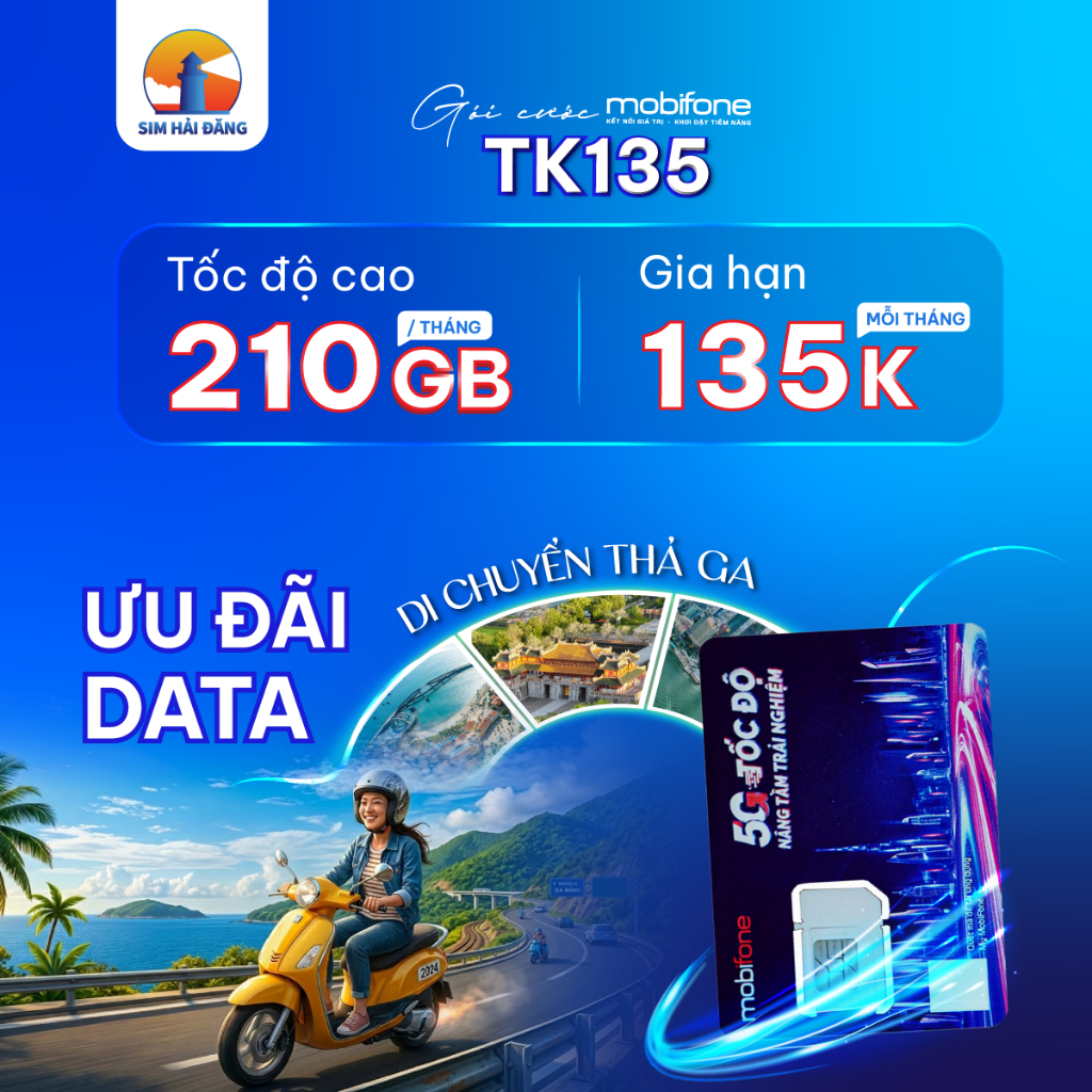 SIM 5G/4G Mobifone - TK135 -  210GB/Tháng - Gia Hạn 135K/Tháng