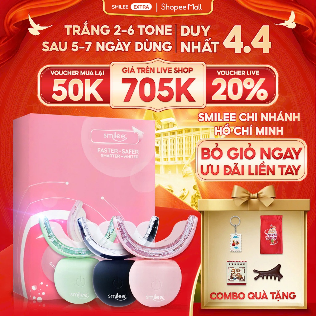 [GIÁ 685K TẠI LIVE SHOP] Kit làm trắng răng Smilee Extra - Phiên bản nâng cấp trắng nhanh hơn 5 lần,