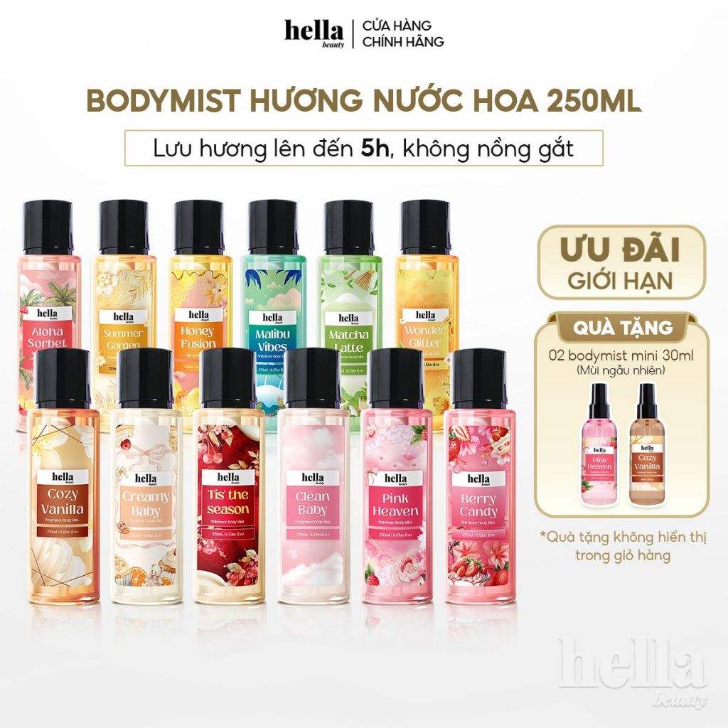 Xịt thơm body mist hương nước hoa Hella Beauty 250ml lưu hương lâu,an toàn cho da