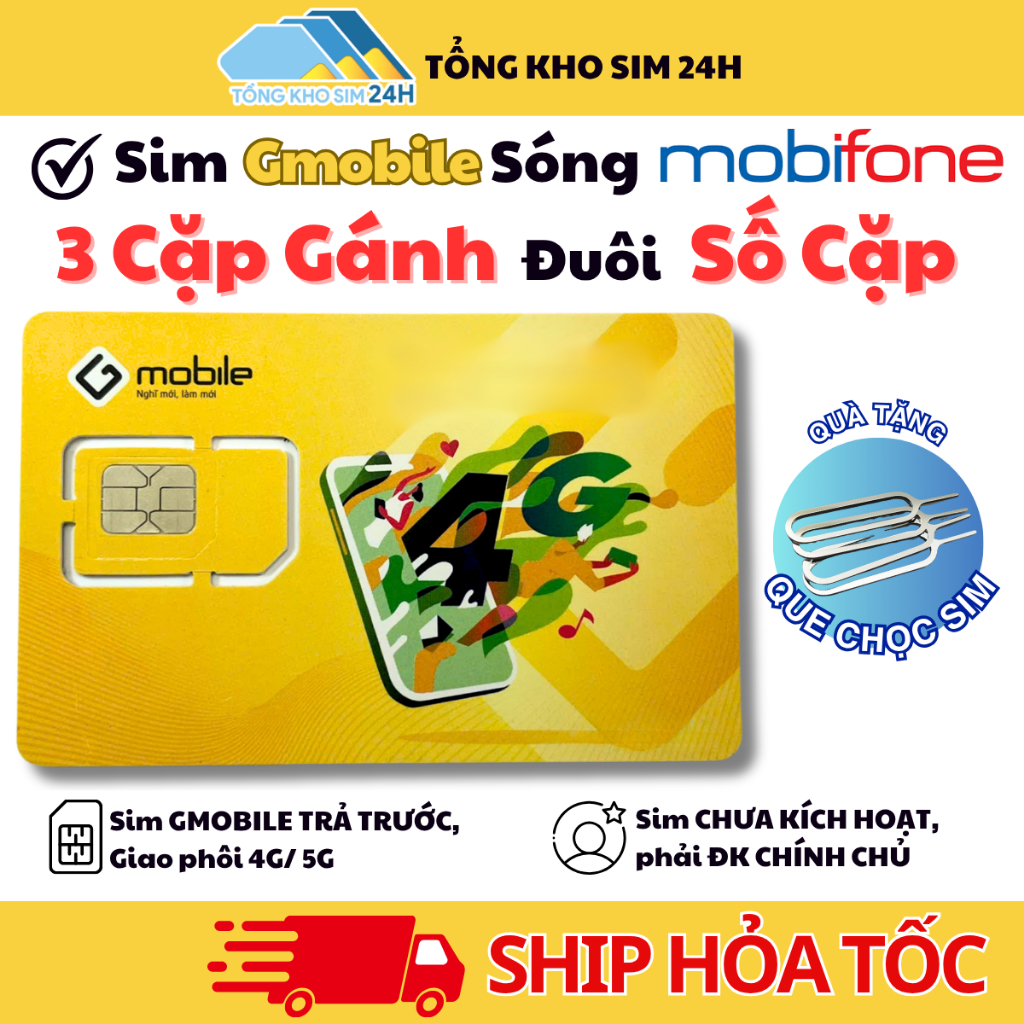 Sim Gmobile Số Đẹp 3 Cặp Gánh Số Cặp Sóng Mobifone Mạnh Kèm Data GM68 1Gb/Ngày [ĐKCC tại nhà]