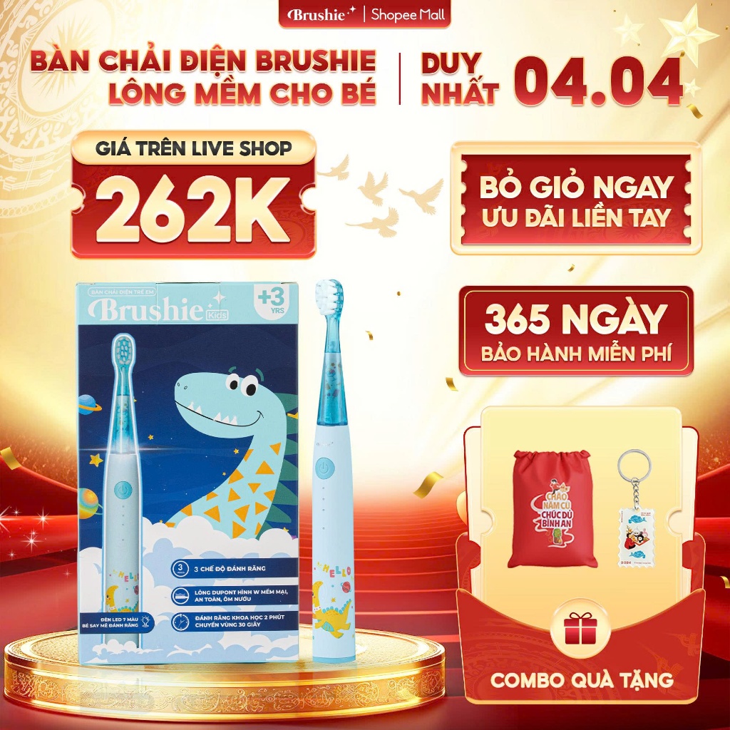 [GIÁ 317K TẠI LIVE SHOP] Bàn chải điện Brushie Kids đầu lông bàn chải mềm mượt, 3 chế độ làm sạch ră